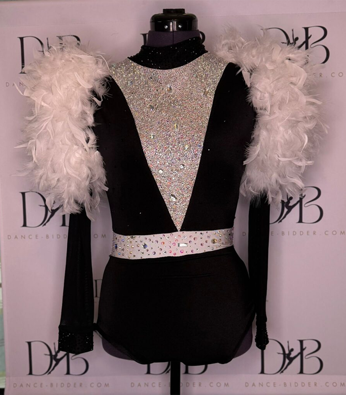 Black & White Glam Feather Shoulder Leotard – REF 43 –